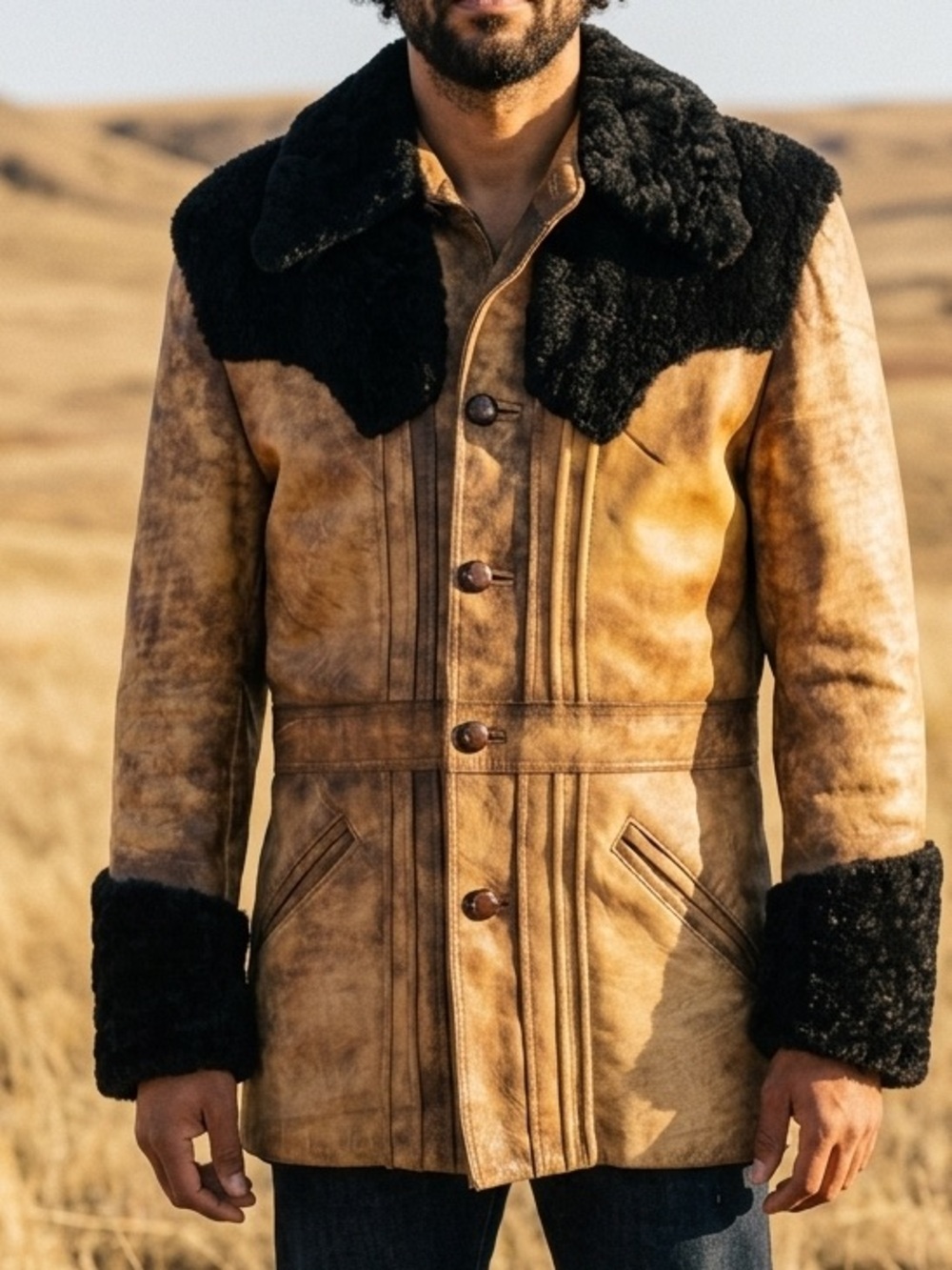 Vintage 1970s Adam & Eve Shearling Leather Rancher Western Coat 42